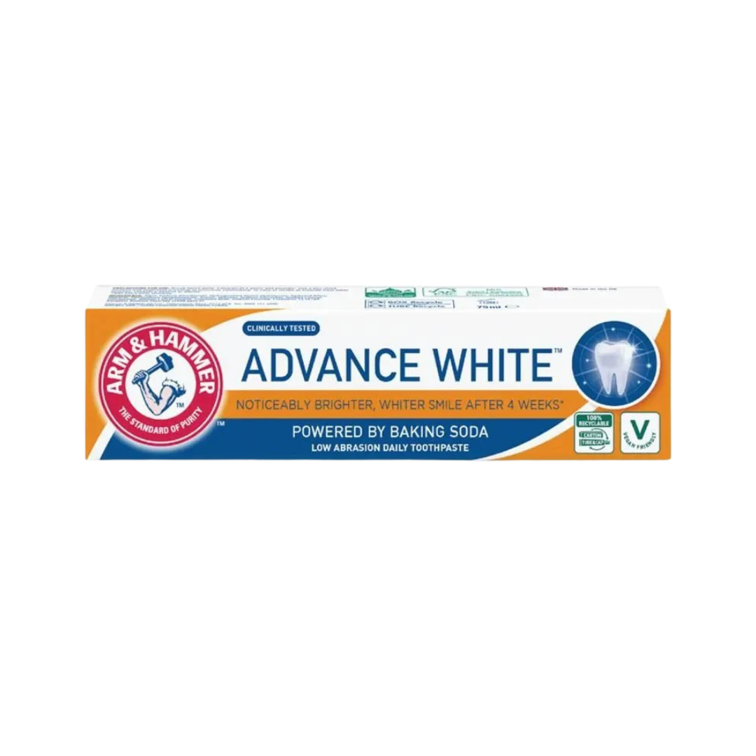 Arm & Hammer Advance White toothpaste, 75ml, orange-and-blue rectangular carton with white tooth graphic