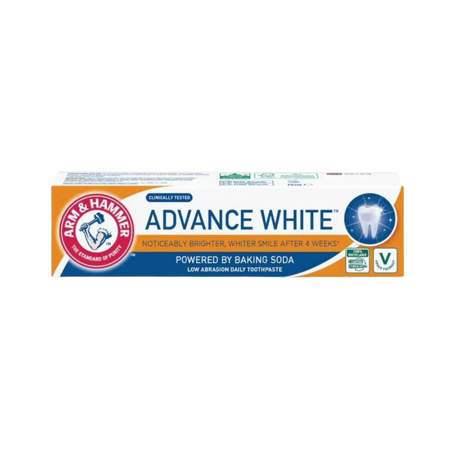 Arm & Hammer Advance White toothpaste, 75ml, orange-and-blue rectangular carton with white tooth graphic