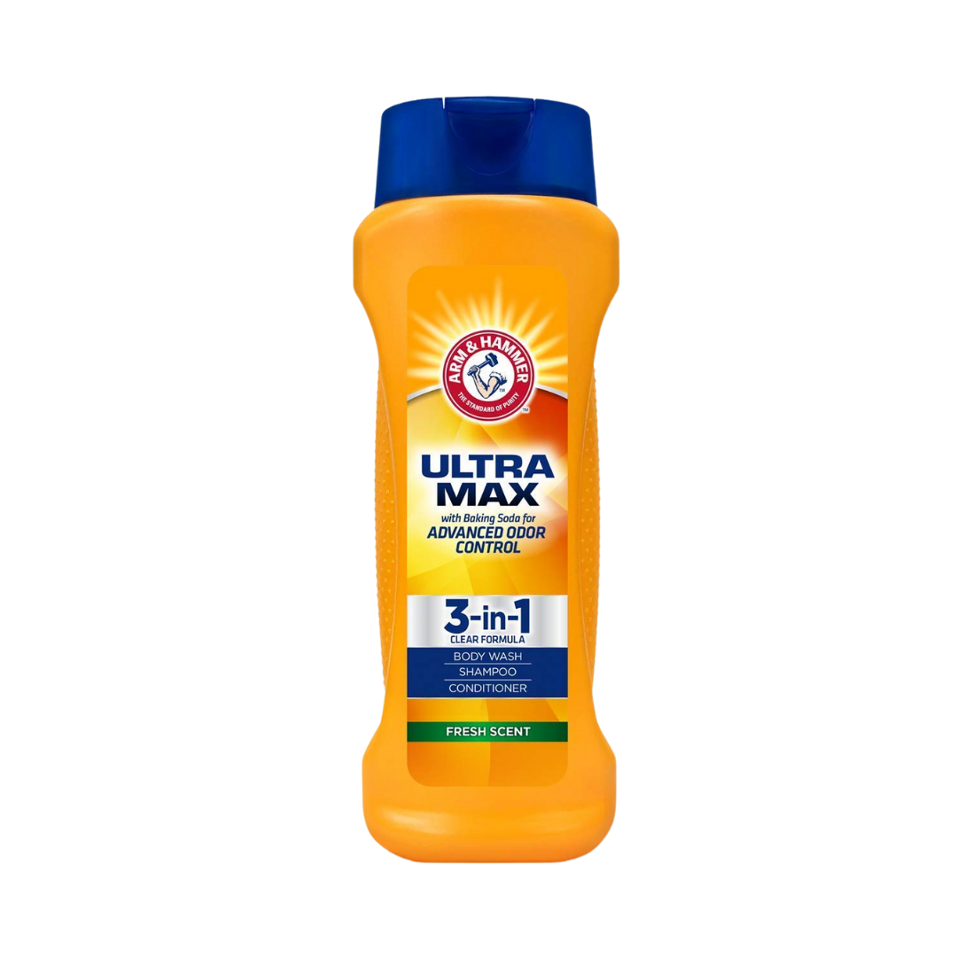 Arm & Hammer UltraMax 3-in-1 Body Wash, Shampoo, and Conditioner, Fresh Scent, 16 oz (473ml), with baking soda for advanced odor control.