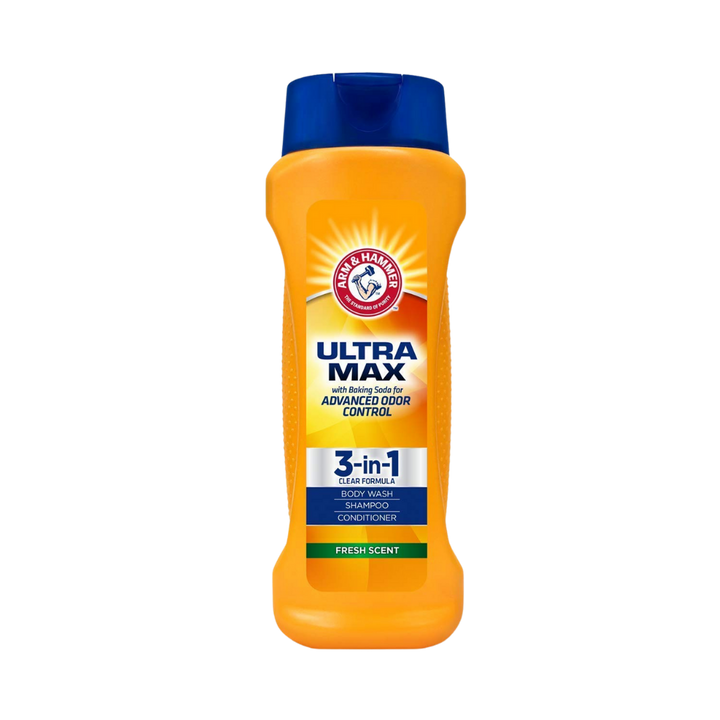 Arm & Hammer UltraMax 3-in-1 Body Wash, Shampoo, and Conditioner, Fresh Scent, 16 oz (473ml), with baking soda for advanced odor control.