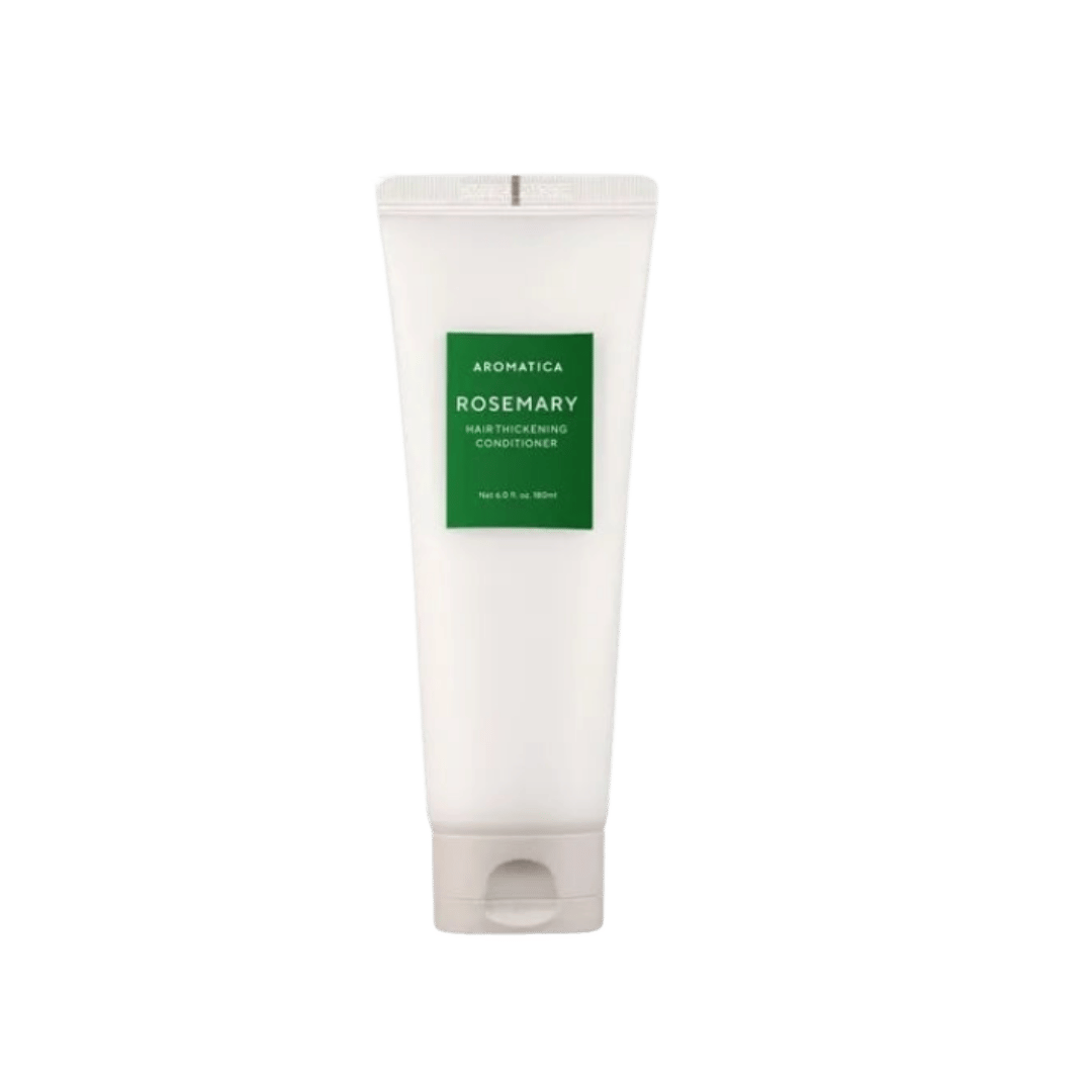 Aromatica Rosemary Hair Thickening Conditioner, white squeeze tube with green label and flip-top cap, printed text branding, 180ml