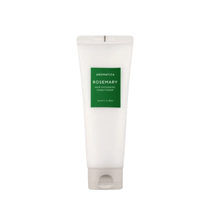 Aromatica Rosemary Hair Thickening Conditioner, white squeeze tube with green label and flip-top cap, printed text branding, 180ml