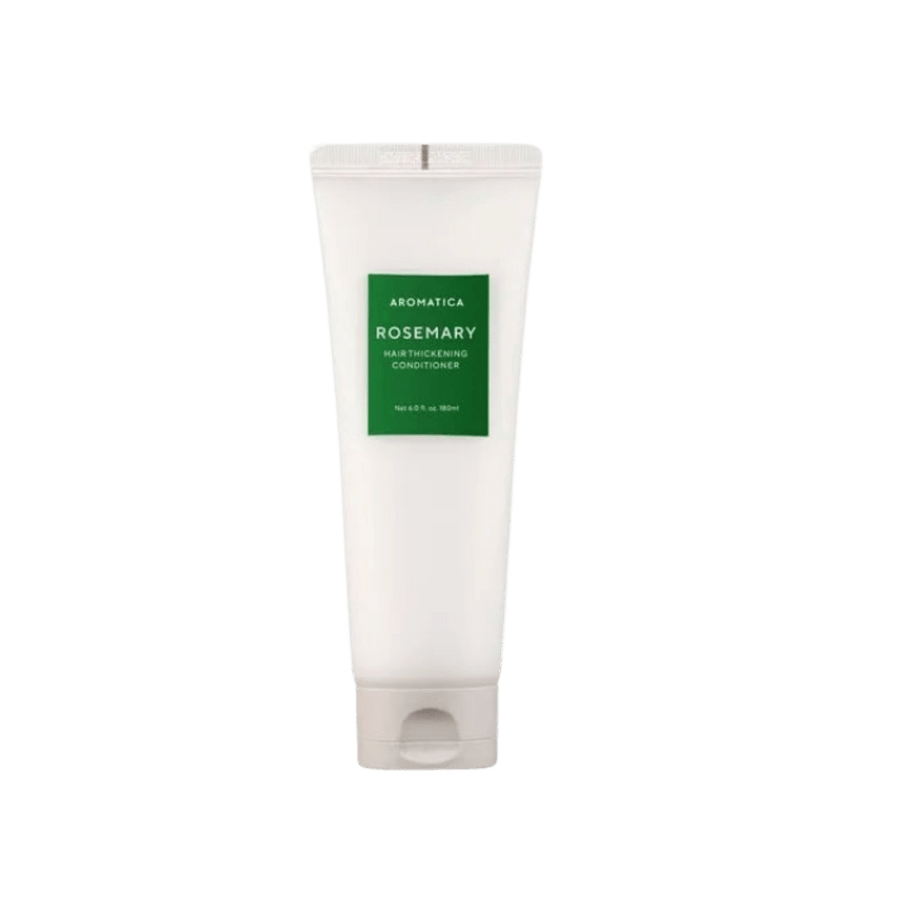 Aromatica Rosemary Hair Thickening Conditioner, white squeeze tube with green label and flip-top cap, printed text branding, 180ml