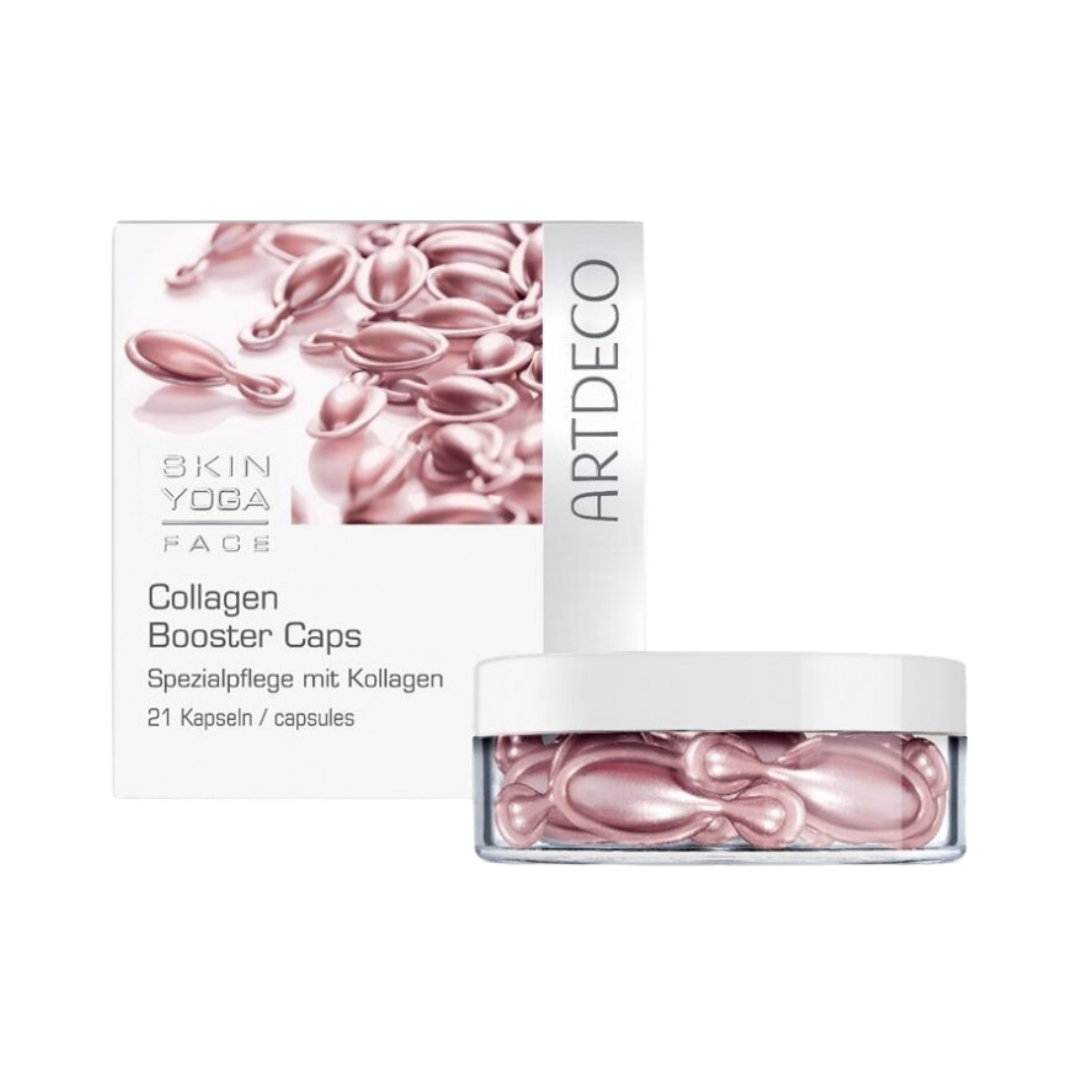 ARTDECO Skin Yoga Face Collagen Booster Caps, 21 capsules in a clear jar with a white lid.
