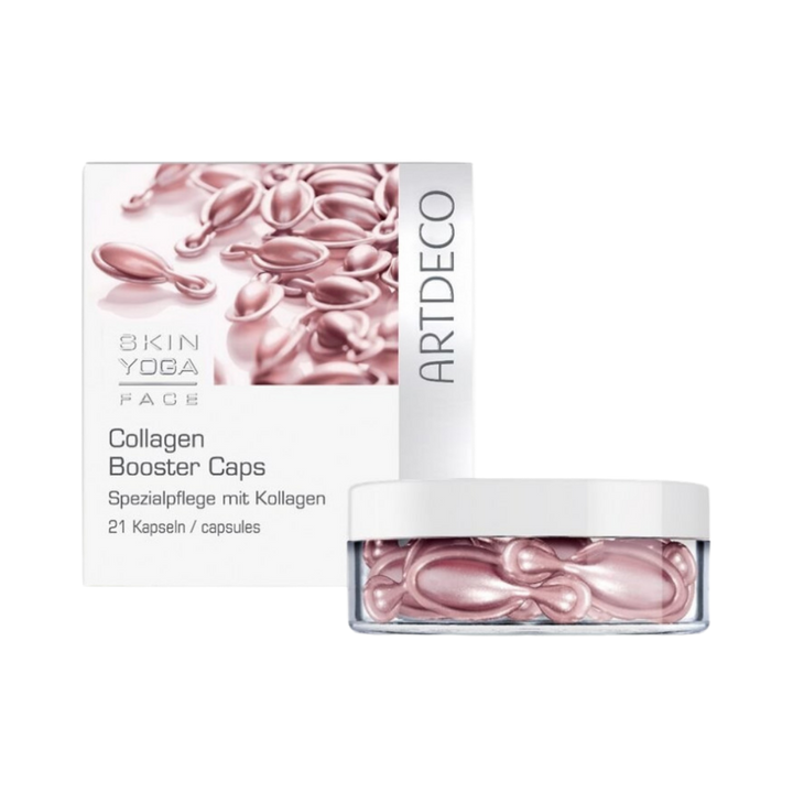 ARTDECO Skin Yoga Face Collagen Booster Caps, 21 capsules in a clear jar with a white lid.