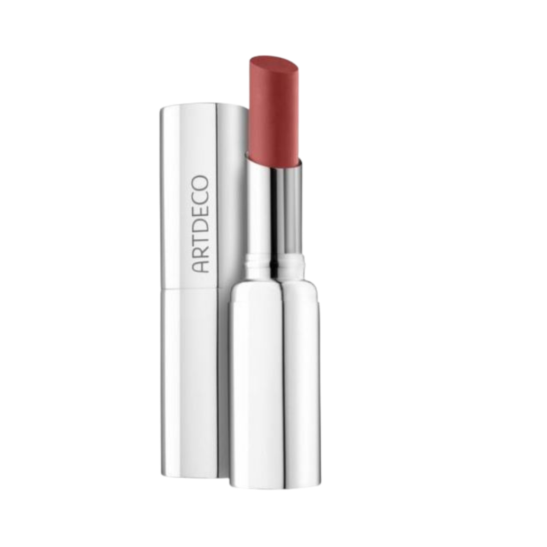 ARTDECO lipstick in a silver tube with a red-brown shade, showing the bullet inside.