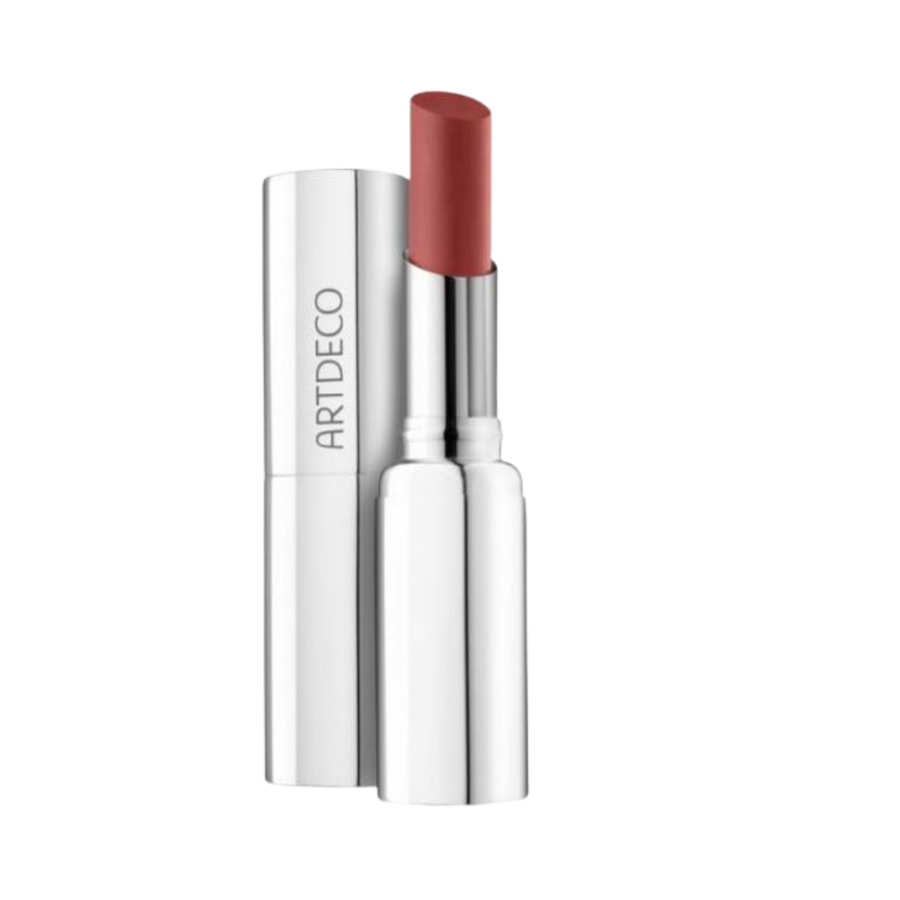 ARTDECO lipstick in a silver tube with a red-brown shade, showing the bullet inside.