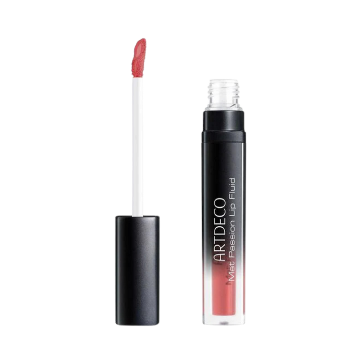 ARTDECO Matte Passion Lip Fluid in a black tube with a white applicator, showing a reddish color.