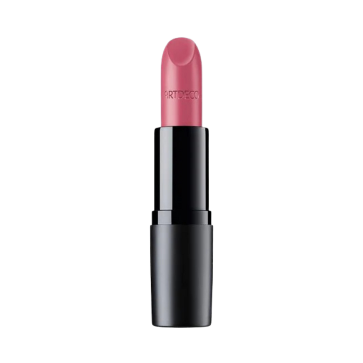ARTDECO lipstick in a soft pink shade with a black cylindrical case and a rounded bullet tip.