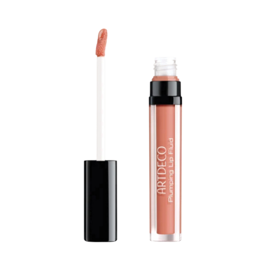 ARTDECO Plumping Lip Fluid in a transparent tube with black cap and white applicator, featuring a peachy color.