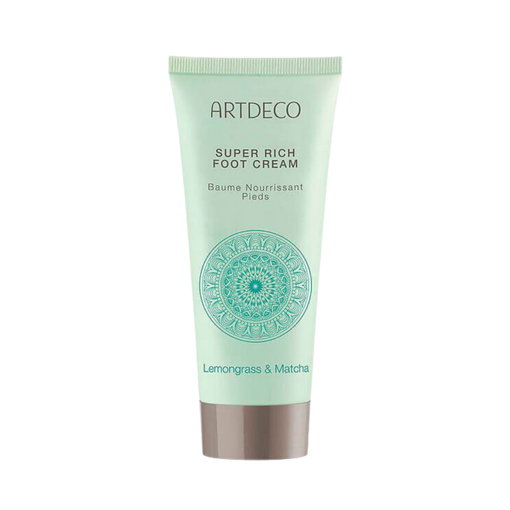 ARTDECO Super Rich Foot Cream in a 100 ml green tube with a Lemongrass & Matcha scent and a decorative mandala design.