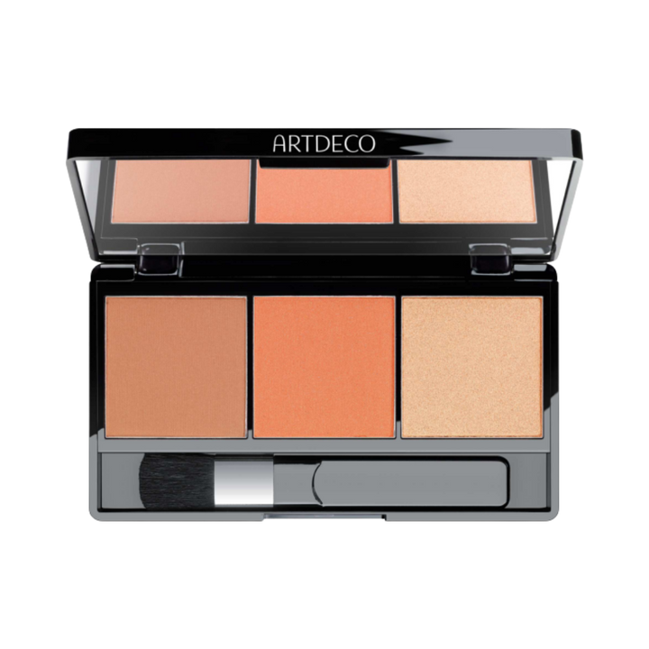 ARTDECO blush and highlighter palette with three shades and a brush applicator in a black compact case.