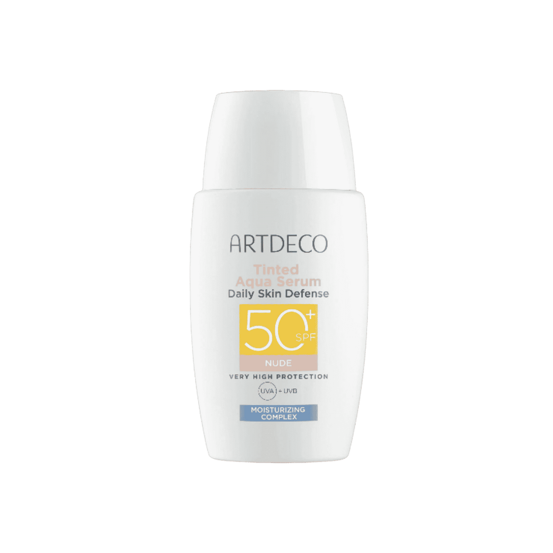 ARTDECO Tinted Aqua Serum SPF50+ daily skin defense, white bottle, nude shade label