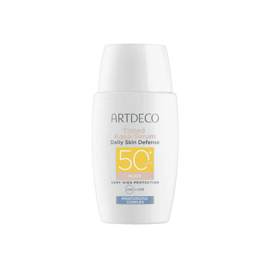 ARTDECO Tinted Aqua Serum SPF50+ daily skin defense, white bottle, nude shade label
