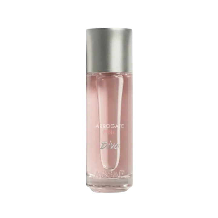 Assaf Arrogate Pink Diva women’s fragrance, 200ml, in a clear pink cylindrical bottle with silver cap.
