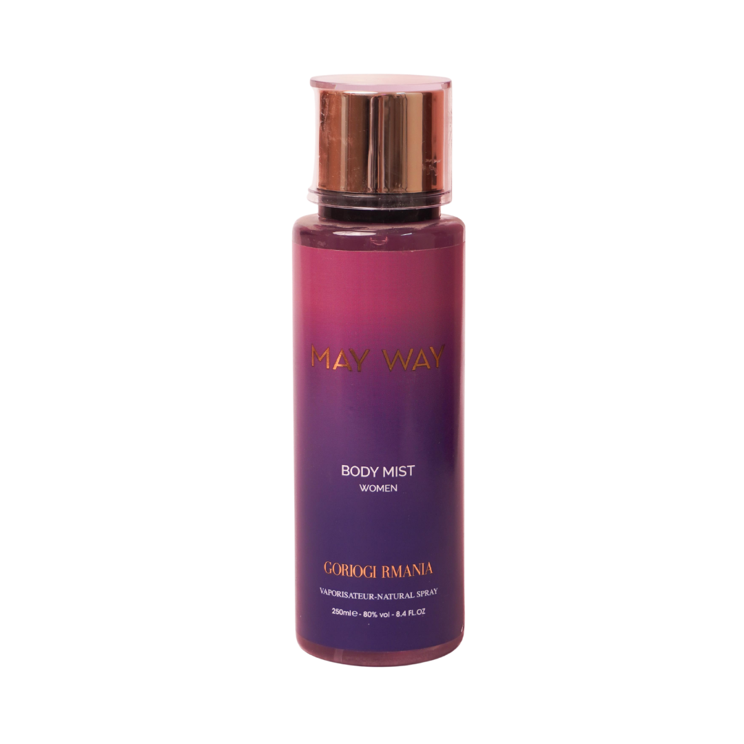 May Way women’s body mist bottle, purple gradient plastic packaging, gold cap, 250 ml spray container