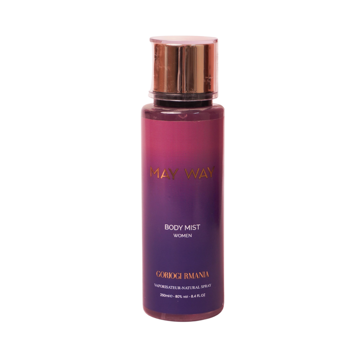 May Way women’s body mist bottle, purple gradient plastic packaging, gold cap, 250 ml spray container