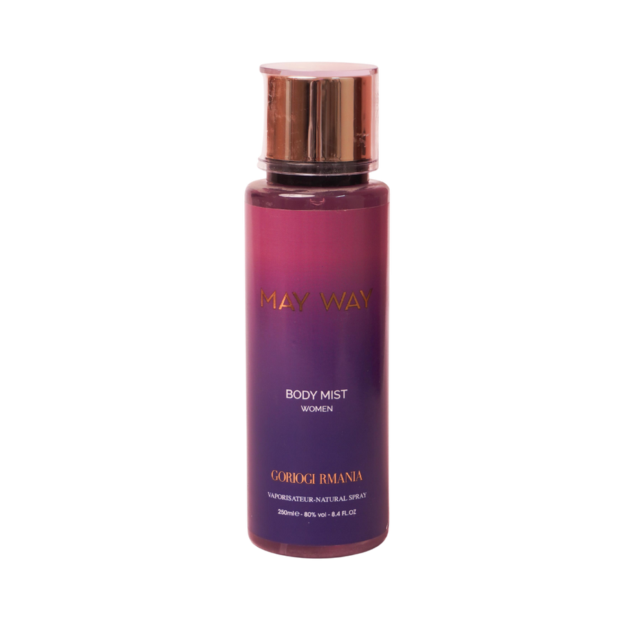 May Way women’s body mist bottle, purple gradient plastic packaging, gold cap, 250 ml spray container