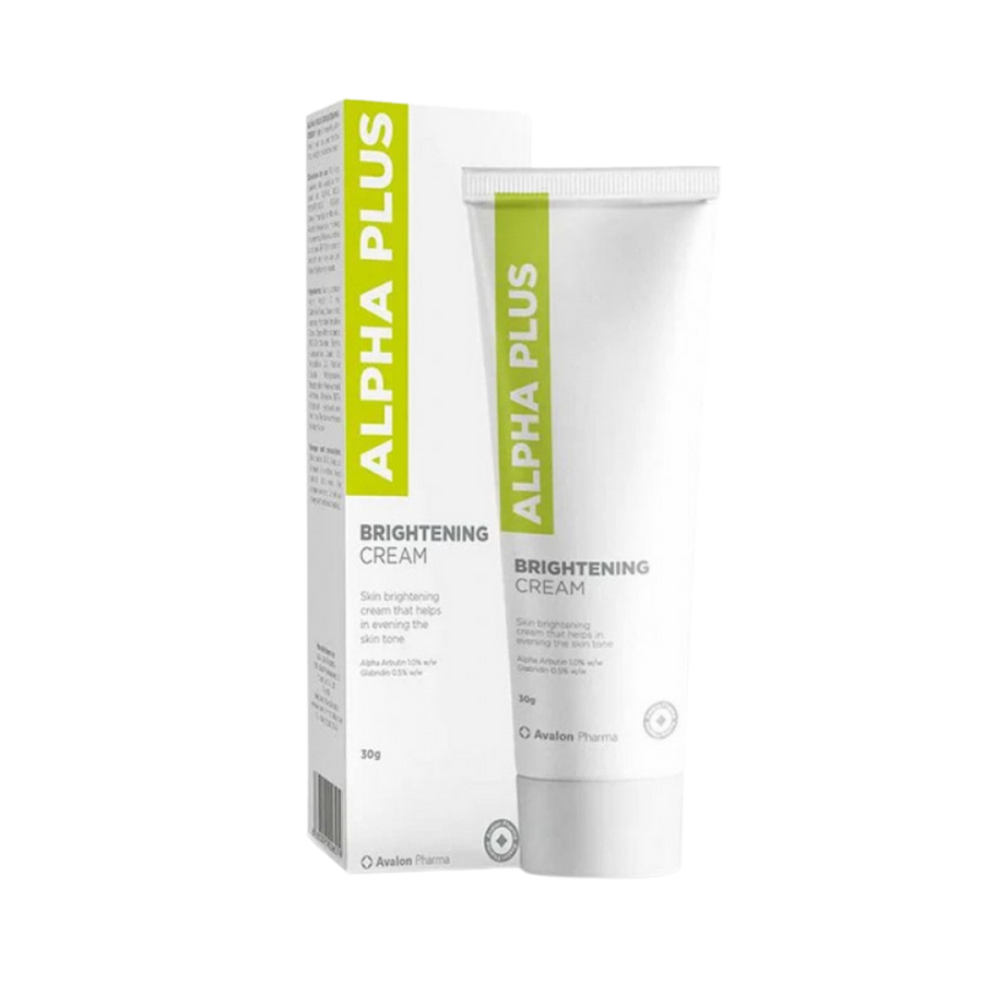 Alpha Plus Brightening Cream by Avalon Pharma, white tube with green label and box, 30 g