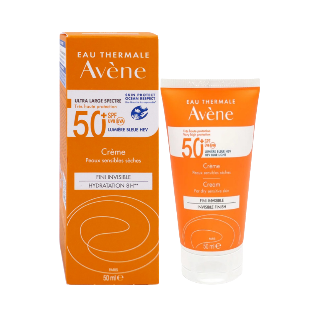 Avène SPF 50+ sunscreen cream for dry sensitive skin, orange tube with box packaging, 50 ml