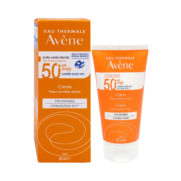 Avène SPF 50+ sunscreen cream for dry sensitive skin, orange tube with box packaging, 50 ml