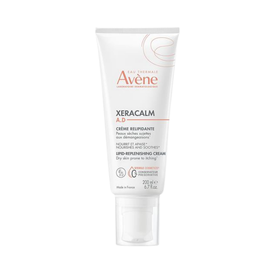Avène XeraCalm A.D lipid-replenishing cream, 200 ml, white pump tube packaging, Eau Thermale Avène branding