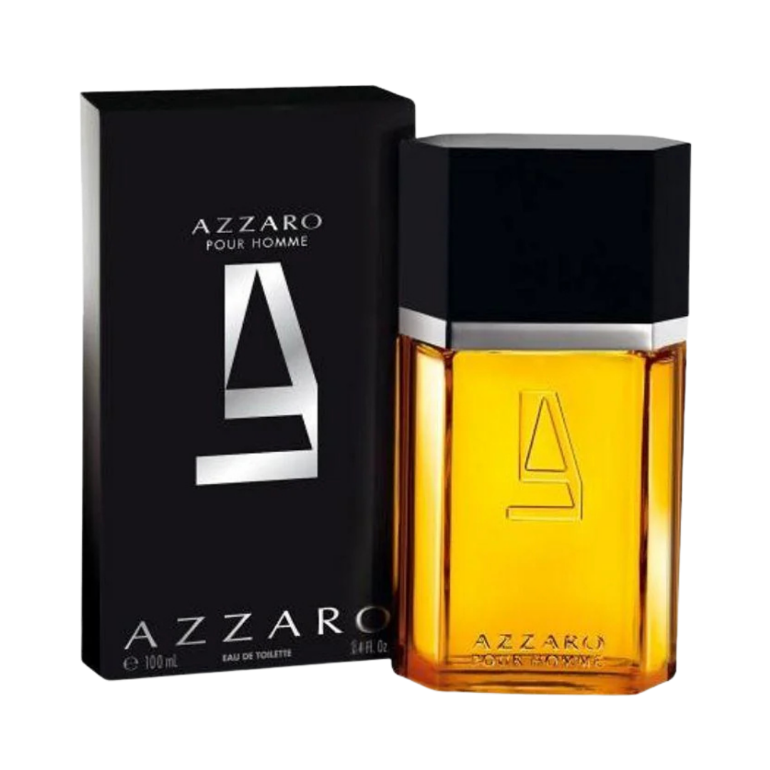 Azzaro Pour Homme Eau de Toilette, 100ml, amber-colored bottle with a black cap and sleek design.