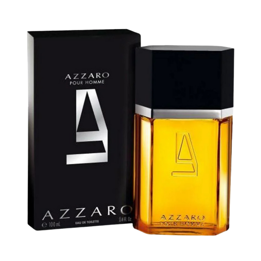 Azzaro Pour Homme Eau de Toilette, 100ml, amber-colored bottle with a black cap and sleek design.
