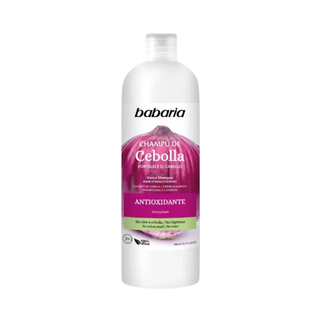 Babaria Onion Shampoo Antioxidante, 700ml white bottle with purple onion graphic and flip-top cap