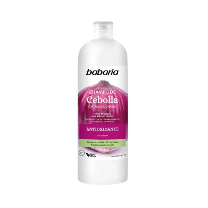Babaria Onion Shampoo Antioxidante, 700ml white bottle with purple onion graphic and flip-top cap