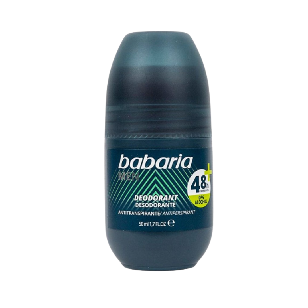 Babaria Men roll-on deodorant antiperspirant 50ml dark blue bottle with matching cap and labeled front