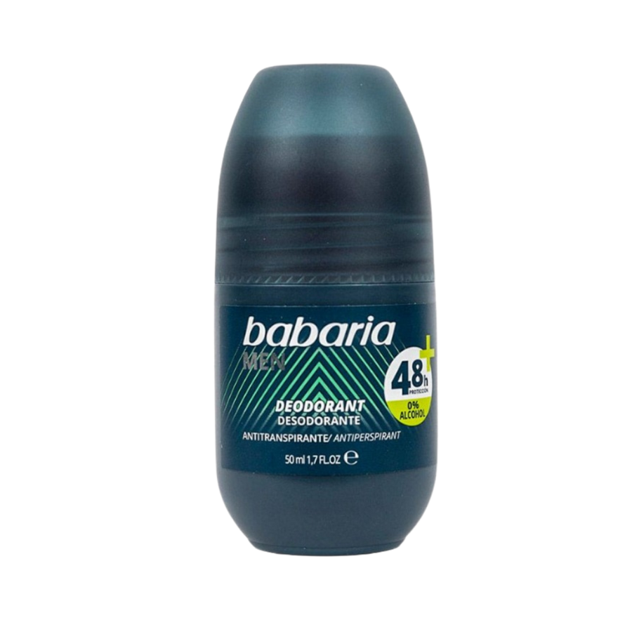 Babaria Men roll-on deodorant antiperspirant 50ml dark blue bottle with matching cap and labeled front