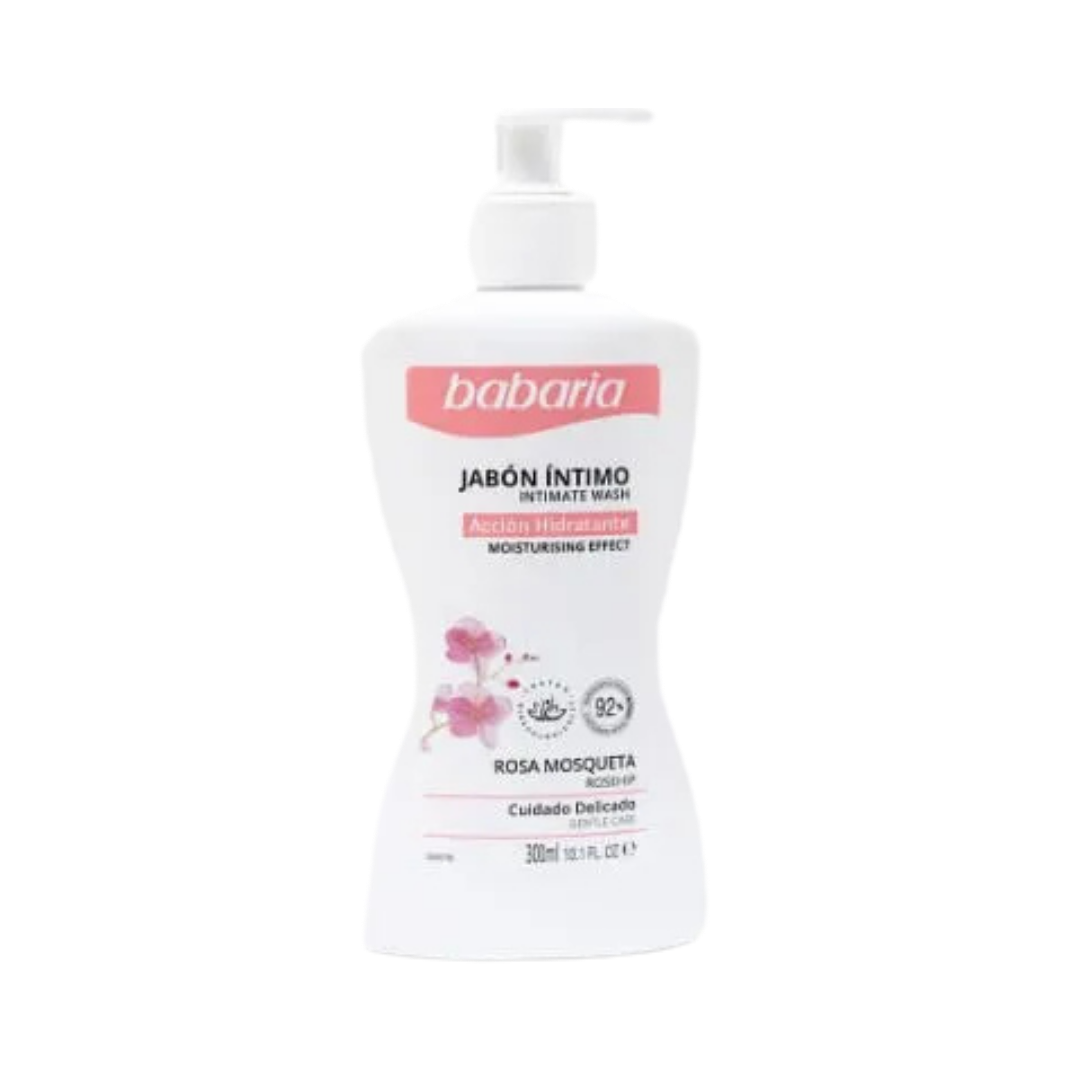 Babaria Rosa Mosqueta intimate wash, 300ml white pump bottle with pink label and floral graphic