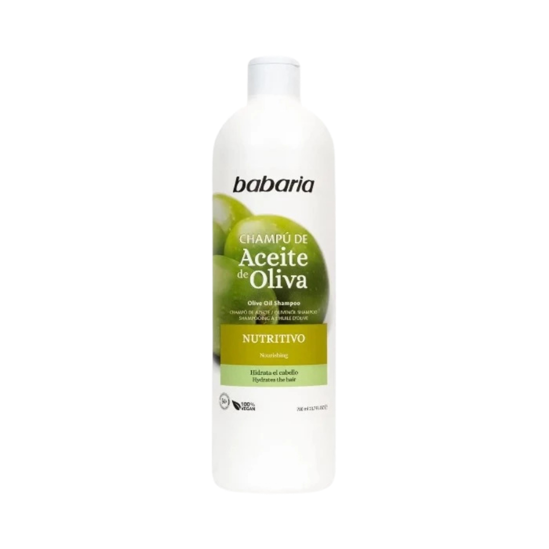 Babaria Olive Oil Shampoo Nutritivo, 700ml white bottle with olive imagery and flip-top cap