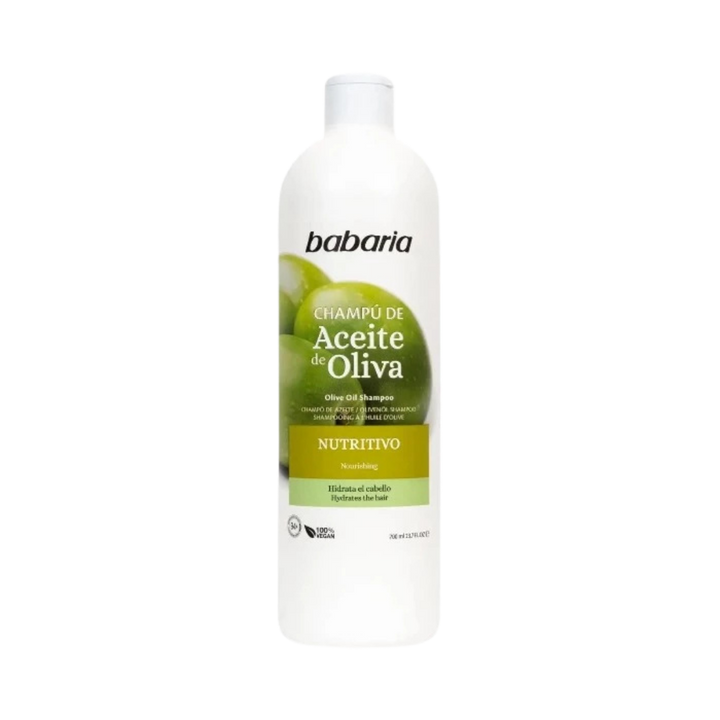 Babaria Olive Oil Shampoo Nutritivo, 700ml white bottle with olive imagery and flip-top cap