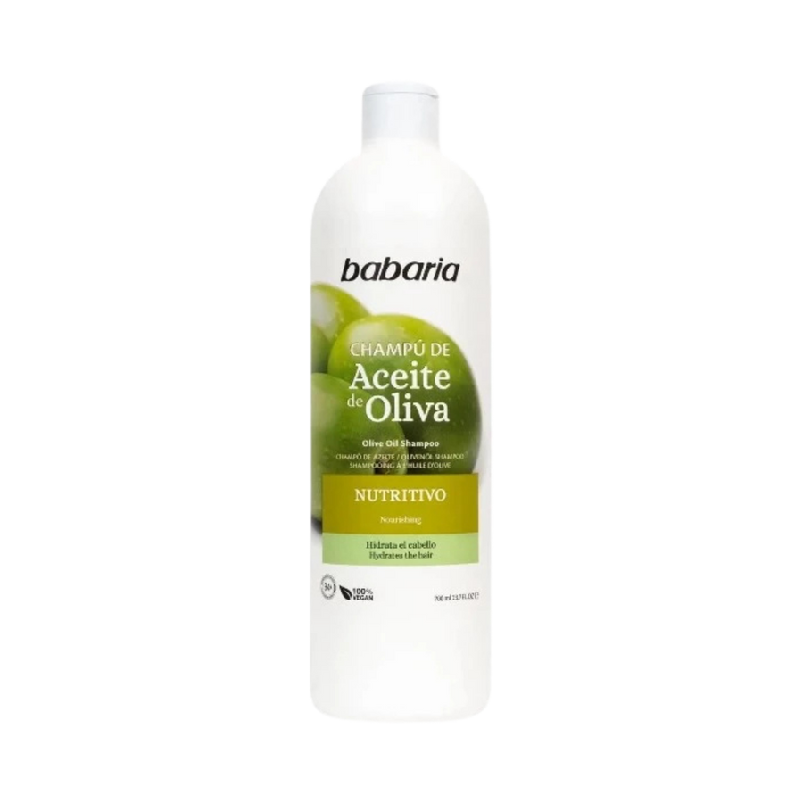 Babaria Olive Oil Shampoo Nutritivo, 700ml white bottle with olive imagery and flip-top cap