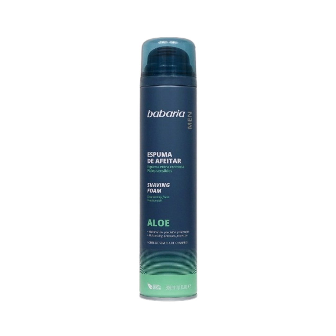 Babaria Men Aloe shaving foam, 300ml dark blue aerosol can with translucent cap and green gradient base