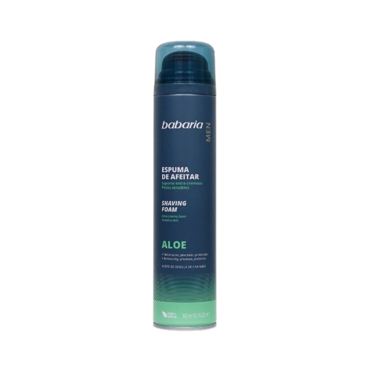Babaria Men Aloe shaving foam, 300ml dark blue aerosol can with translucent cap and green gradient base
