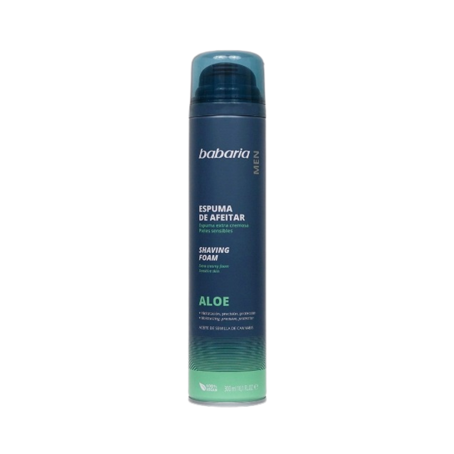 Babaria Men Aloe shaving foam, 300ml dark blue aerosol can with translucent cap and green gradient base