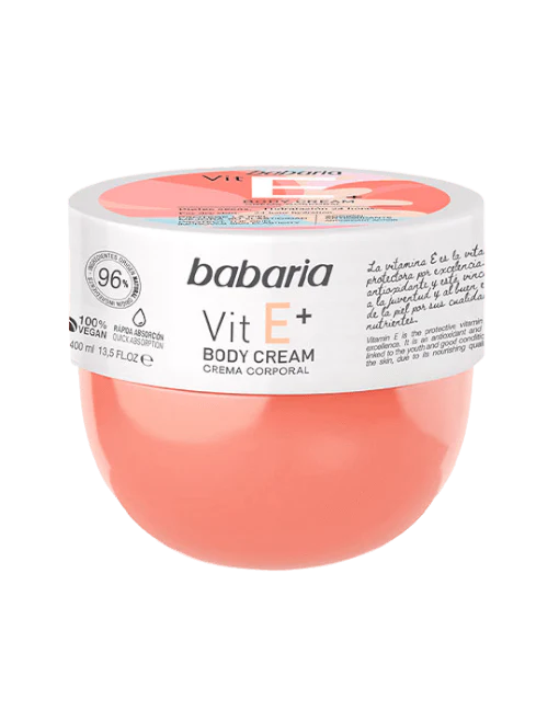 Babaria Vit E+ body cream, 400ml round peach jar with white lid and vitamin E label