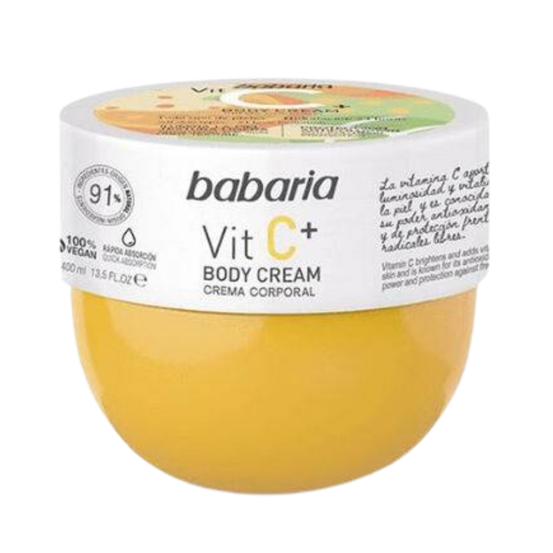 Babaria Vit C+ body cream, 400ml round yellow jar with white lid and citrus label