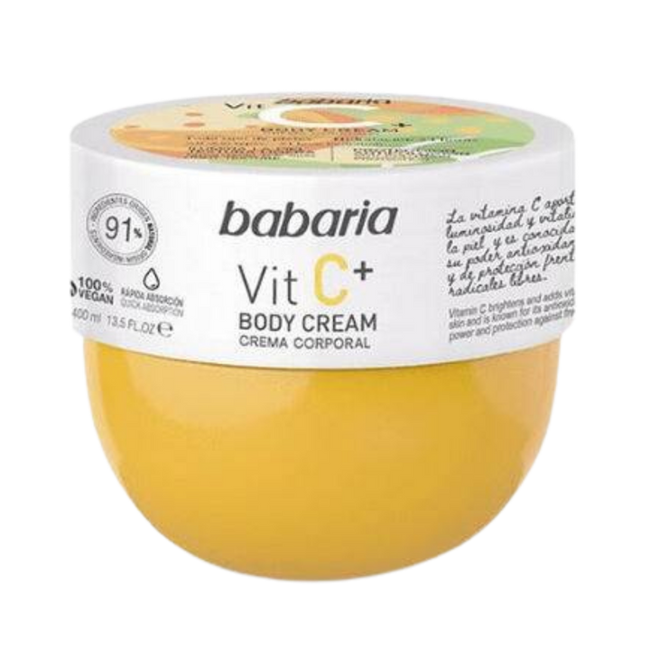 Babaria Vit C+ body cream, 400ml round yellow jar with white lid and citrus label