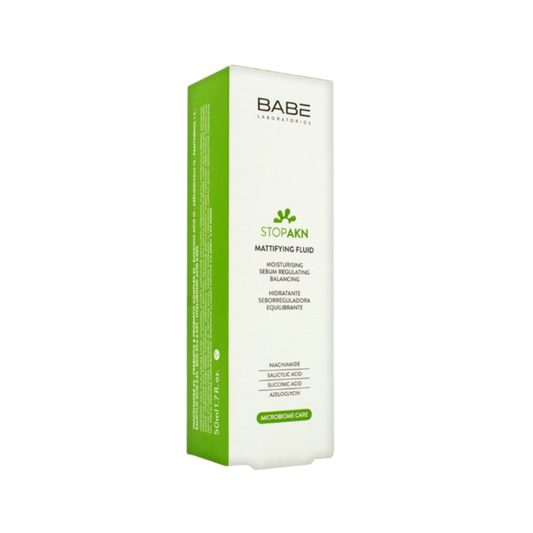 BABÉ Stop AKN Mattifying Fluid moisturizer 50ml white and green box packaging