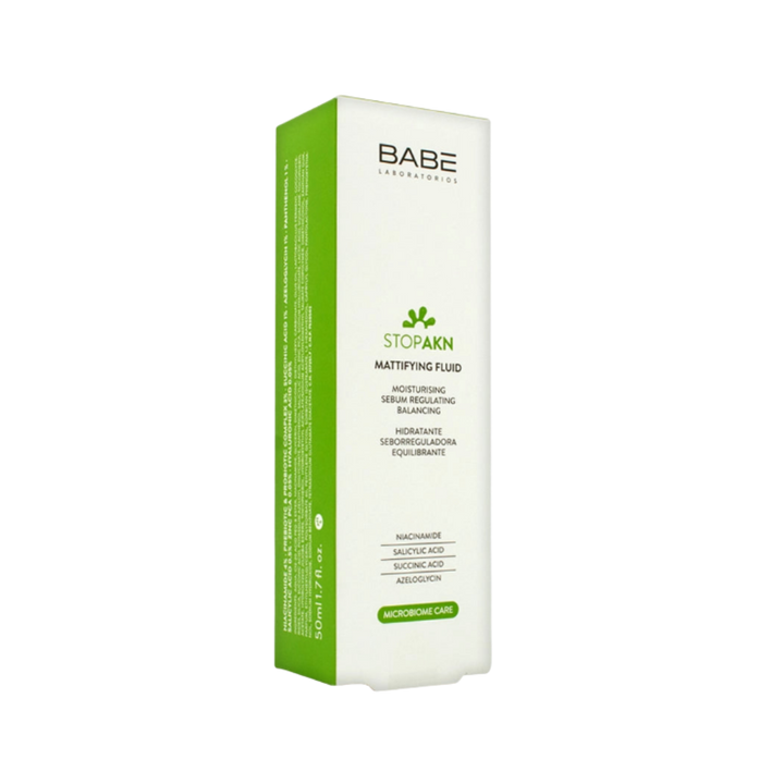 BABÉ Stop AKN Mattifying Fluid moisturizer 50ml white and green box packaging