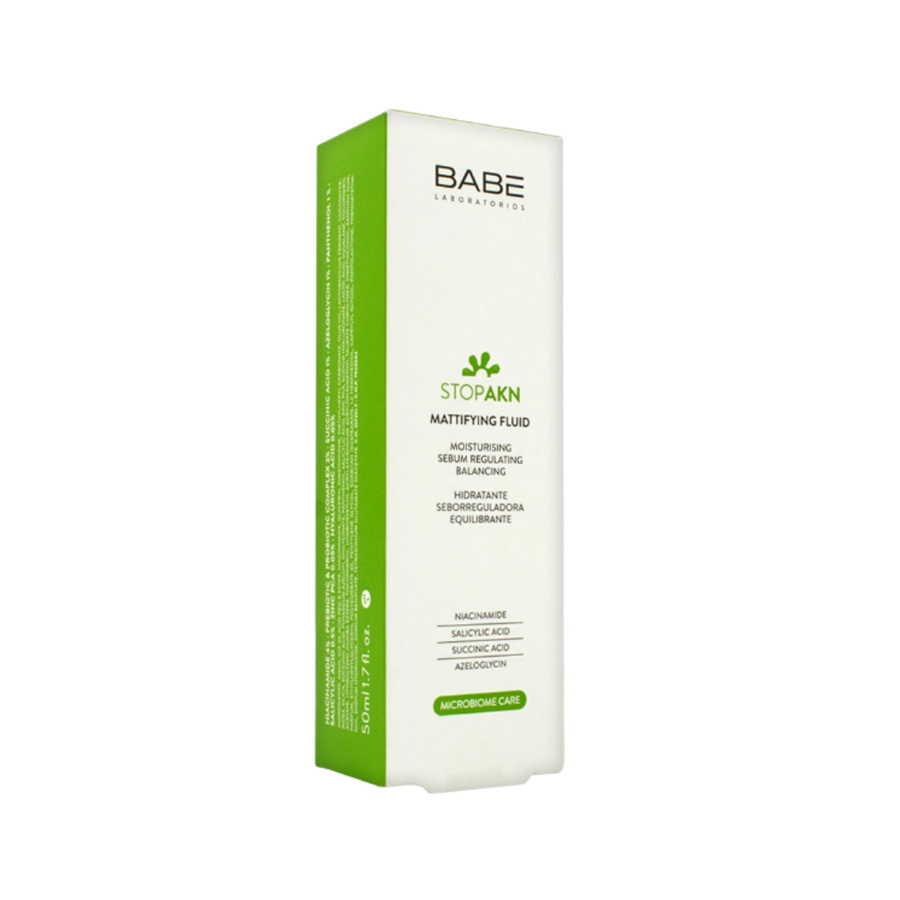 BABÉ Stop AKN Mattifying Fluid moisturizer 50ml white and green box packaging