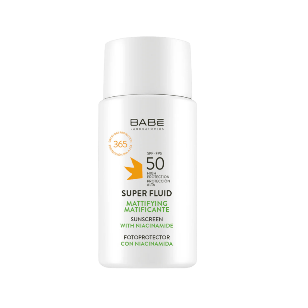Babe Laboratories Super Fluid Mattifying Sunscreen with Niacinamide, SPF 50, offering high daily protection.