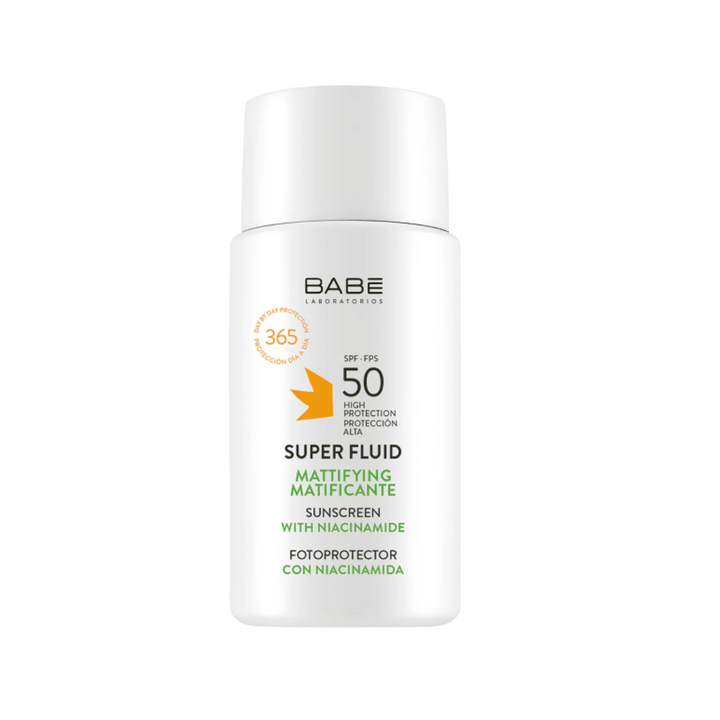 Babe Laboratories Super Fluid Mattifying Sunscreen with Niacinamide, SPF 50, offering high daily protection.