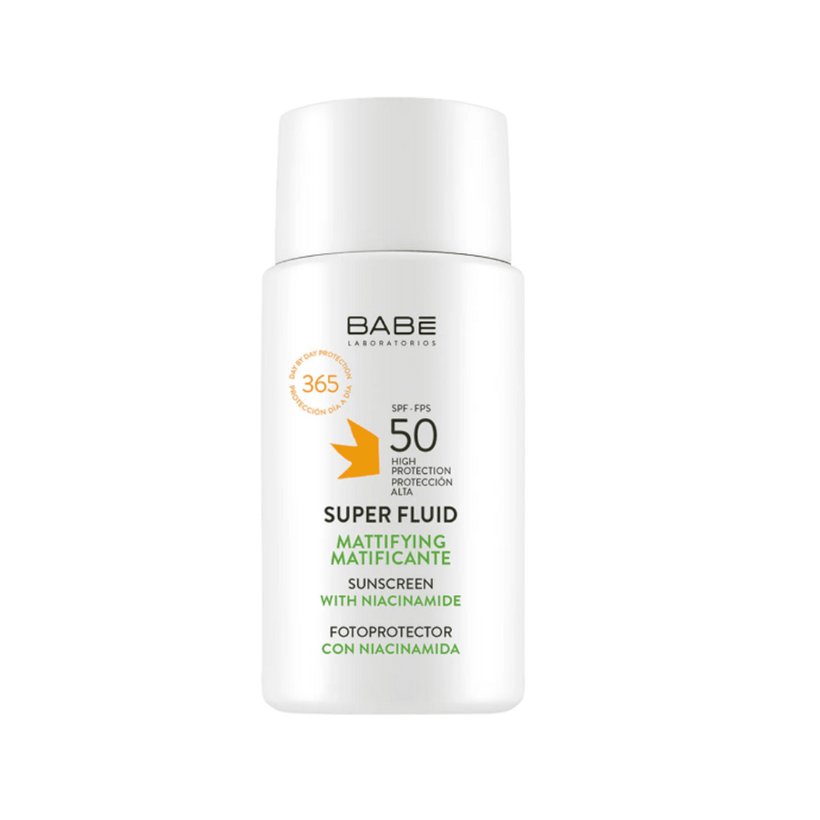 Babe Laboratories Super Fluid Mattifying Sunscreen with Niacinamide, SPF 50, offering high daily protection.