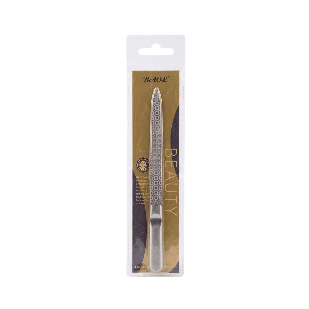 BAOL metal nail file beauty grooming tool in gold and transparent blister packaging