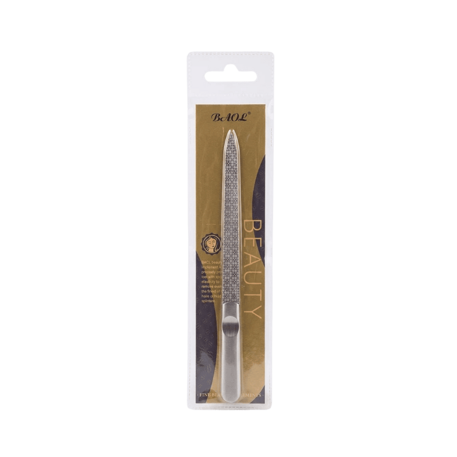 BAOL metal nail file beauty grooming tool in gold and transparent blister packaging